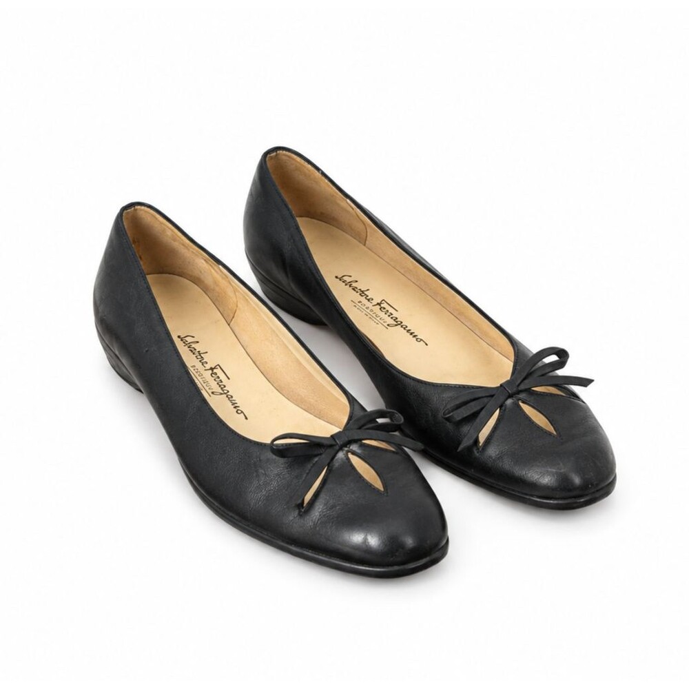 Salvatore Ferragamo Black Leather Bow Flats Women 10.5 2A Cutout Ballet Italy